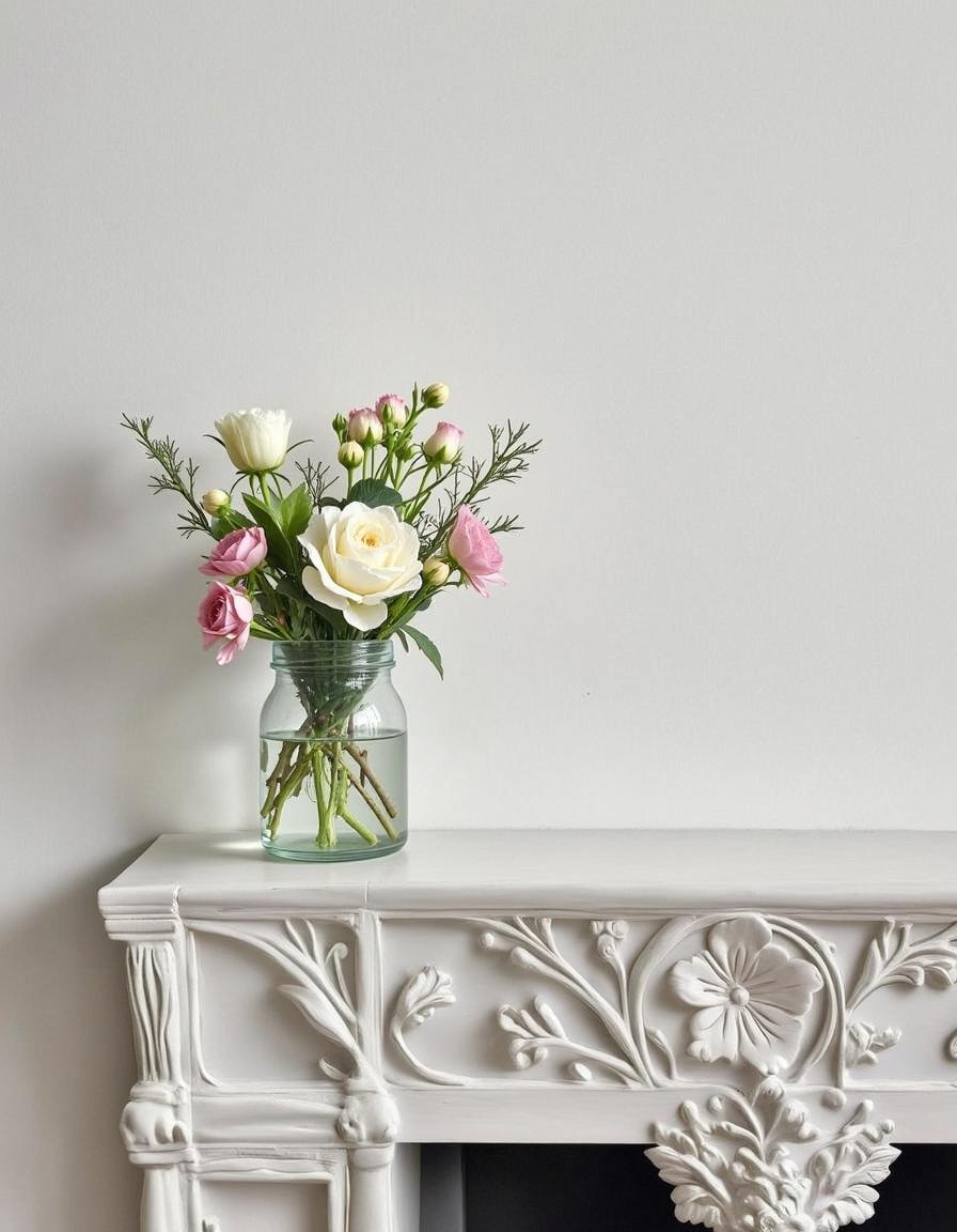 A charming arrangement of delicate pink and white flowers in a transparent glass vase, elegantly placed on a beautifully crafted white mantel