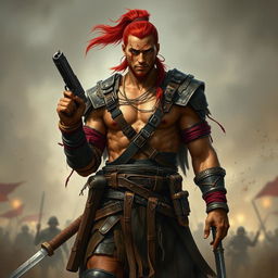 A tall warrior with tan skin and long red hair tied in a ponytail