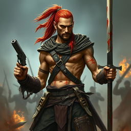 A tall warrior with tan skin and long red hair tied in a ponytail