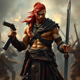 A tall warrior with tan skin and long red hair tied in a ponytail