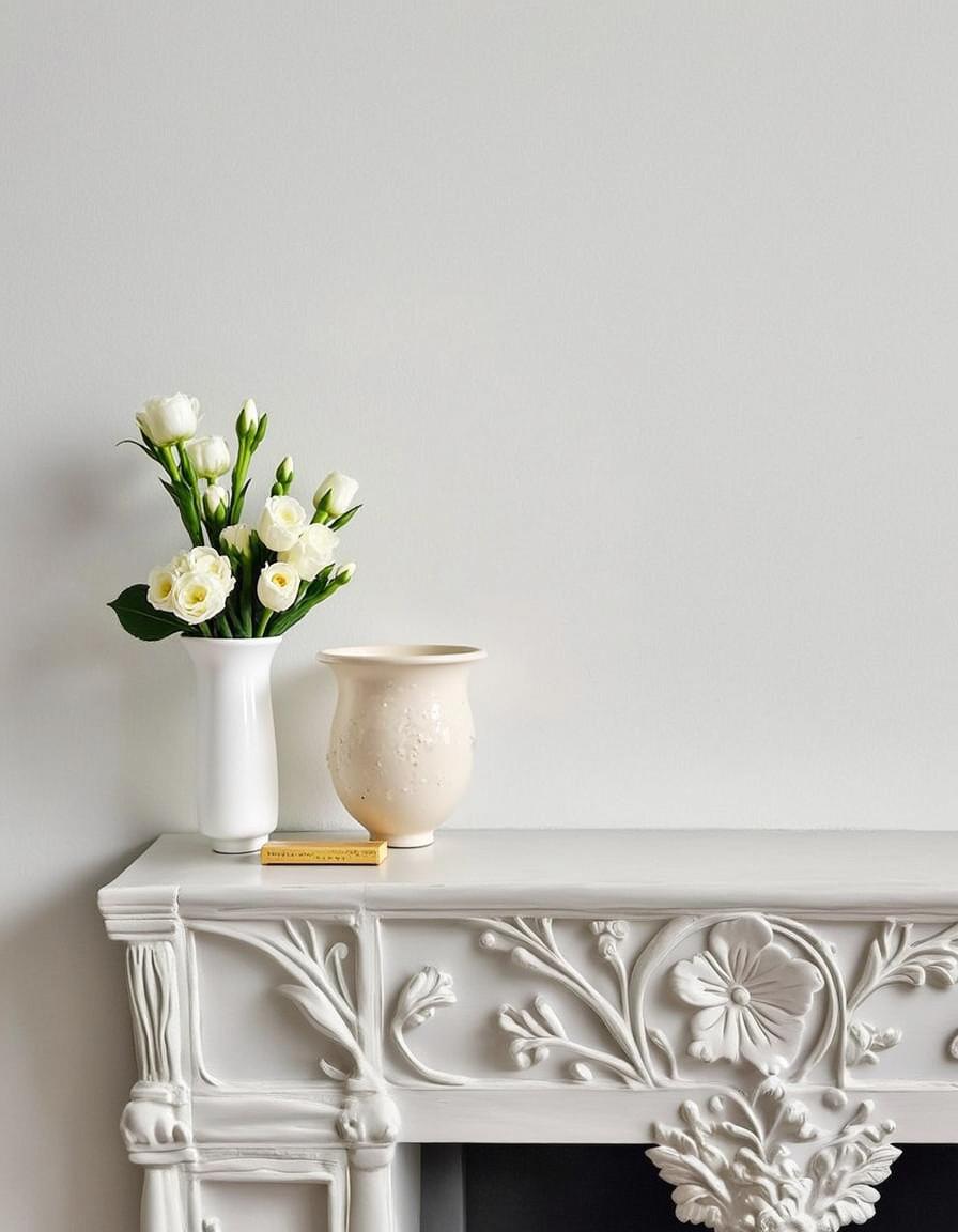 A delicate arrangement of small flowers in a clear glass vase, placed elegantly on a white, intricately carved mantelpiece