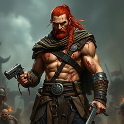 A tall warrior with tan skin and long red hair tied in a ponytail