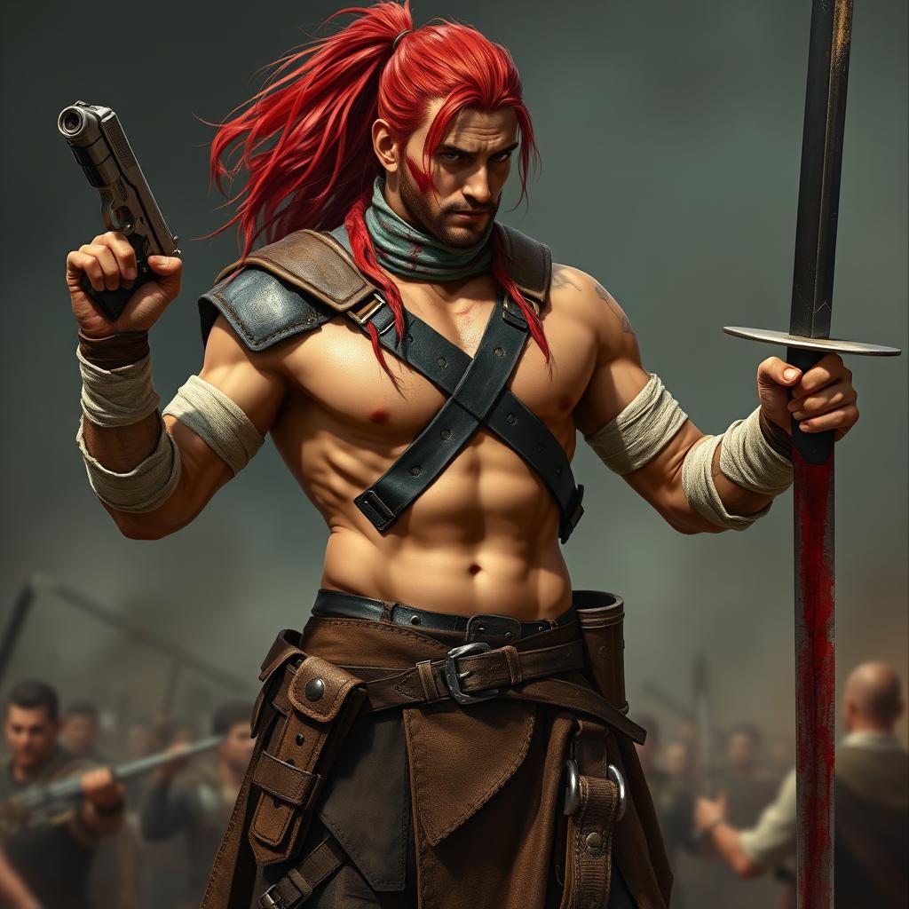 A tall warrior with tan skin and long red hair tied back in a ponytail, showcasing a strong and decently fit physique