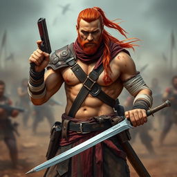 A tall warrior with tan skin and long red hair tied back in a ponytail, showcasing a strong and decently fit physique