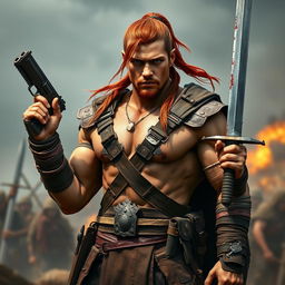 A tall warrior with tan skin and long red hair tied back in a ponytail, showcasing a strong and decently fit physique