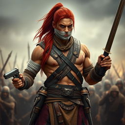 A tall warrior with tan skin and long red hair tied back in a ponytail, showcasing a strong and decently fit physique