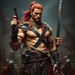 A tall warrior with tan skin and long red hair styled in a ponytail