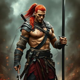 A tall warrior with tan skin and long red hair styled in a ponytail