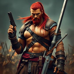 A tall warrior with tan skin and long red hair styled in a ponytail