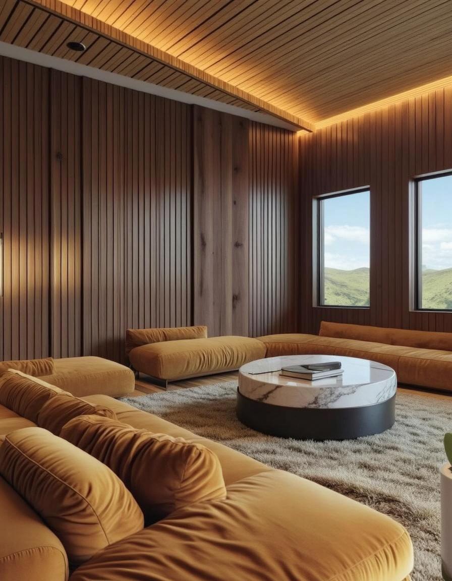 A stylish and inviting living room featuring plush, mustard-yellow sofas arranged in a circular layout around a sleek, round marble coffee table