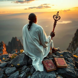 A book cover in the style of 'The Lost Symbol' by Dan Brown, filled with an image of a black guru, an eremite, sitting with his back to the viewer on a rocky mountain peak