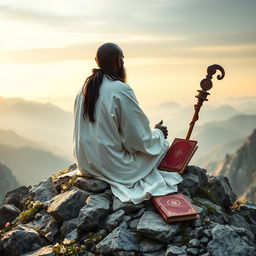 A book cover in the style of 'The Lost Symbol' by Dan Brown, filled with an image of a black guru, an eremite, sitting with his back to the viewer on a rocky mountain peak