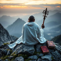 A book cover in the style of 'The Lost Symbol' by Dan Brown, filled with an image of a black guru, an eremite, sitting with his back to the viewer on a rocky mountain peak