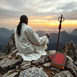 A book cover in the style of 'The Lost Symbol' by Dan Brown, filled with an image of a black guru, an eremite, sitting with his back to the viewer on a rocky mountain peak