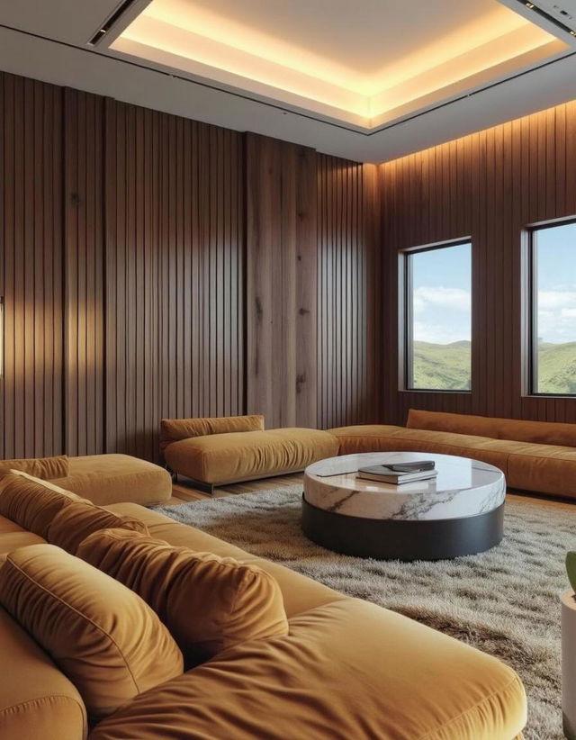 A stylish modern living room featuring a classic white ceiling that contrasts with rich wooden paneling on the walls