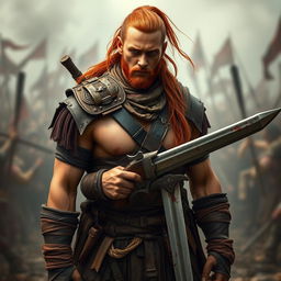 A tall warrior with tan skin and long red hair styled in a ponytail, presenting a decently fit physique