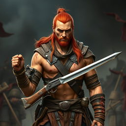 A tall warrior with tan skin and long red hair styled in a ponytail, presenting a decently fit physique