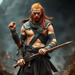 A tall warrior with tan skin and long red hair styled in a ponytail, presenting a decently fit physique