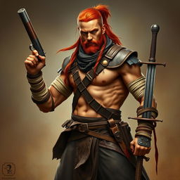 A tall warrior with striking tan skin and long red hair styled in a ponytail, showcasing a decently fit physique