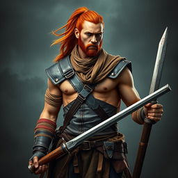 A tall warrior with striking tan skin and long red hair styled in a ponytail, showcasing a decently fit physique