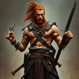 A tall warrior with striking tan skin and long red hair styled in a ponytail, showcasing a decently fit physique