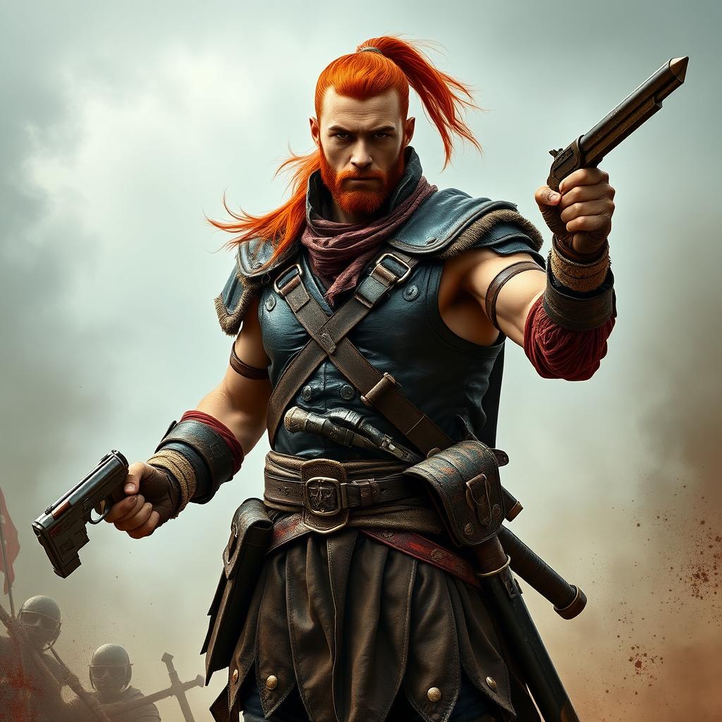 A tall warrior with striking tan skin and long red hair styled in a ponytail, showcasing a decently fit physique