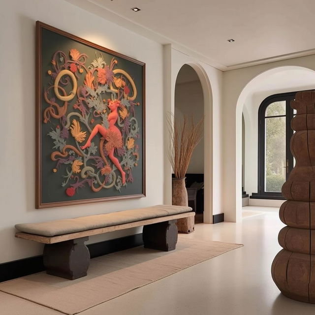 A contemporary art gallery interior featuring a large abstract artwork with textured circles in subdued tones of gray and orange, displayed on a light-colored wall