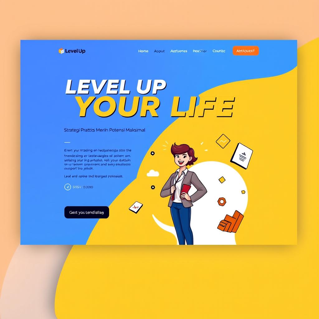 A captivating and modern landing page design for 'Level Up Your Life: Strategi Praktis Meraih Potensi Maksimal'