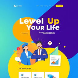 A captivating and modern landing page design for 'Level Up Your Life: Strategi Praktis Meraih Potensi Maksimal'