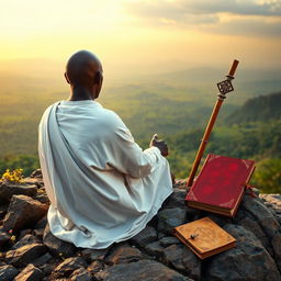 A book cover in the style of 'The Lost Symbol' by Dan Brown, filled with an image of a bald black guru, an adult eremite, sitting completely with his back to the viewer on a rocky mountain peak