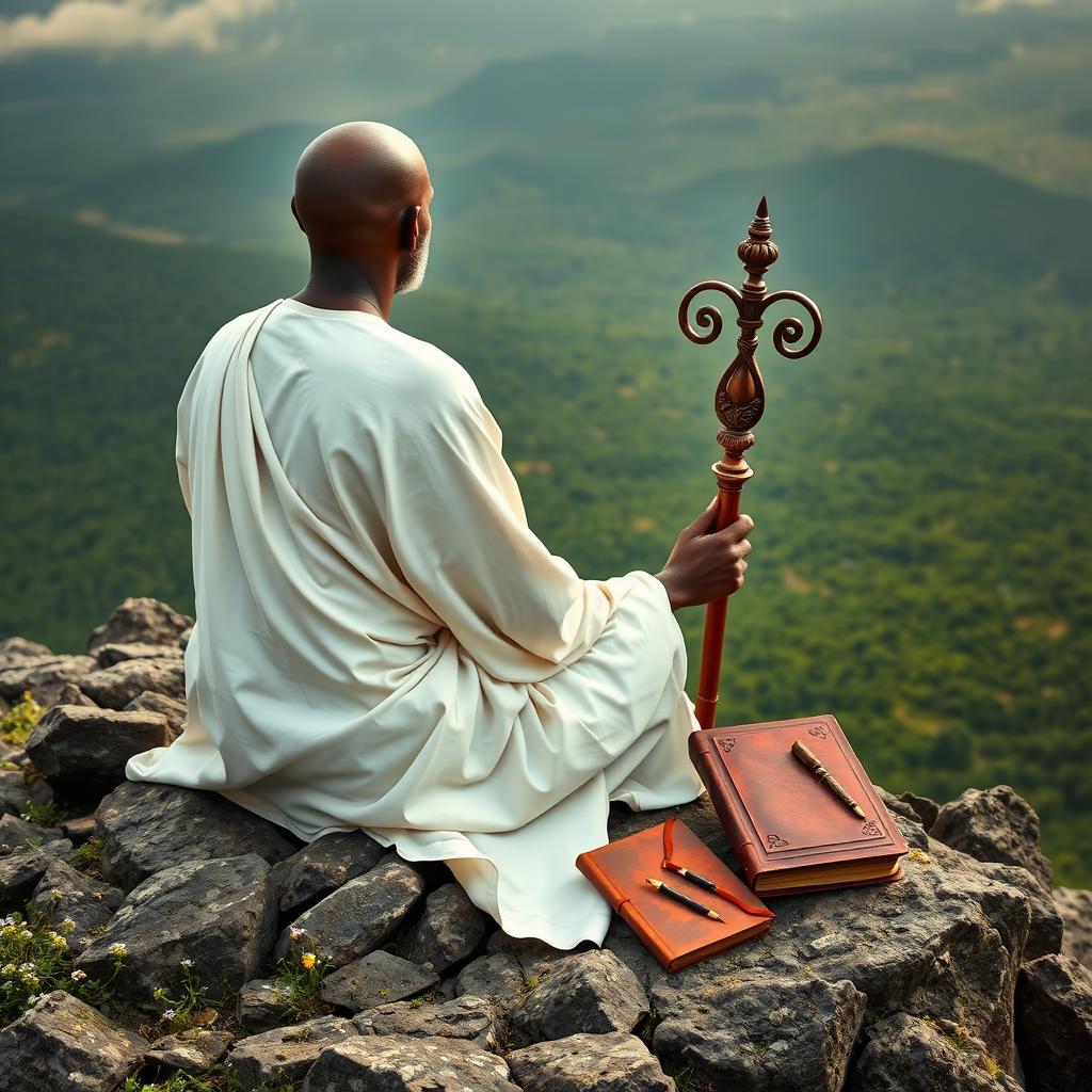 A book cover in the style of 'The Lost Symbol' by Dan Brown, filled with an image of a bald black guru, an adult eremite, sitting completely with his back to the viewer on a rocky mountain peak