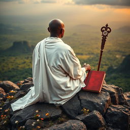 A book cover in the style of 'The Lost Symbol' by Dan Brown, filled with an image of a bald black guru, an adult eremite, sitting completely with his back to the viewer on a rocky mountain peak