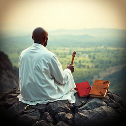 A book cover in the style of 'The Lost Symbol' by Dan Brown, filled with an image of a bald black guru, an adult eremite, sitting completely with his back to the viewer on a rocky mountain peak