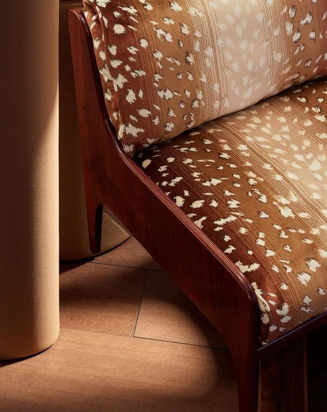 A close-up view of a beautifully designed sofa with a rich, patterned fabric in earthy brown tones and cream accents