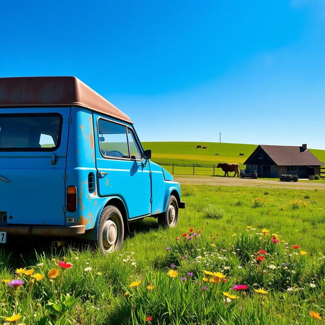 A Citroen C15, a classic French utility van, parked in a picturesque countryside scene