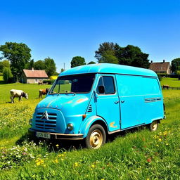 A Citroen C15, a classic French utility van, parked in a picturesque countryside scene