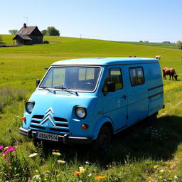 A Citroen C15, a classic French utility van, parked in a picturesque countryside scene