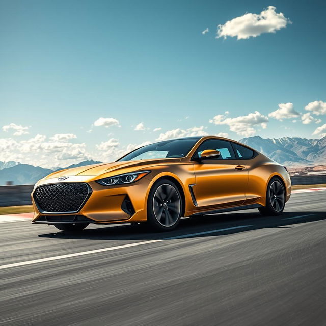 A striking fusion of a Genesis G90 and a Hyundai Coupe, showcased in an eye-catching matte gold finish