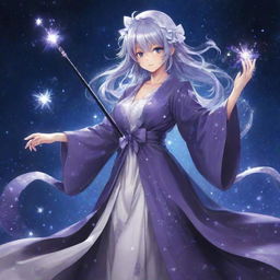 Illustrate Sariel, the character from Touhou project, in her signature robe with numerous shimmering stars, wielding her staff with powerful aura surrounding it.