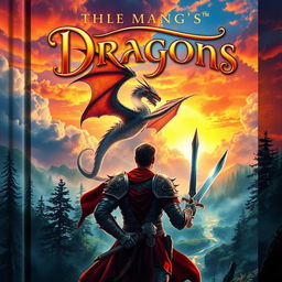 A captivating fantasy book cover featuring a majestic dragon soaring through a vibrant sunset sky filled with colorful clouds