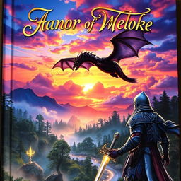 A captivating fantasy book cover featuring a majestic dragon soaring through a vibrant sunset sky filled with colorful clouds