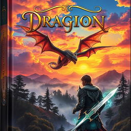 A captivating fantasy book cover featuring a majestic dragon soaring through a vibrant sunset sky filled with colorful clouds