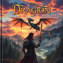 A captivating fantasy book cover featuring a majestic dragon soaring through a vibrant sunset sky filled with colorful clouds