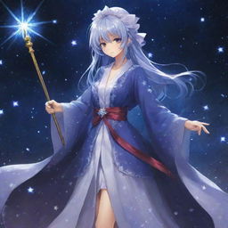 Illustrate Sariel, the character from Touhou project, in her signature robe with numerous shimmering stars, wielding her staff with powerful aura surrounding it.