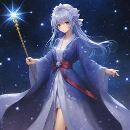 Illustrate Sariel, the character from Touhou project, in her signature robe with numerous shimmering stars, wielding her staff with powerful aura surrounding it.