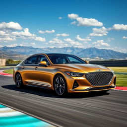 A luxurious Genesis G90 in a stunning matte gold finish, captured in motion as it drives elegantly on a race track