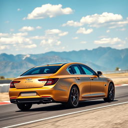 A luxurious Genesis G90 in a stunning matte gold finish, captured in motion as it drives elegantly on a race track