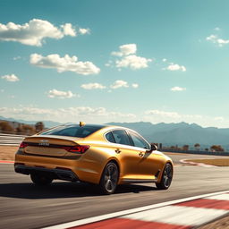 A luxurious Genesis G90 in a stunning matte gold finish, captured in motion as it drives elegantly on a race track