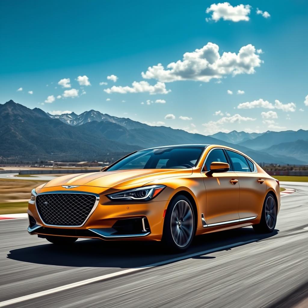 A luxurious Genesis G90 in a stunning matte gold finish, captured in motion as it drives elegantly on a race track