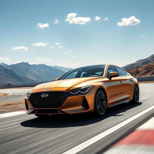 The 2024 Genesis G70, showcased in a stunning matte gold finish, is depicted in full motion as it expertly navigates a race track